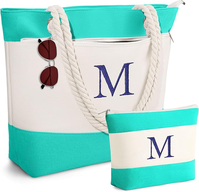 YOOLIFE Beach Bags for Women - Initial Canvas Tote Waterproof Bag with Makeup Bag Gifts for Women Mom Friend Birthday Her