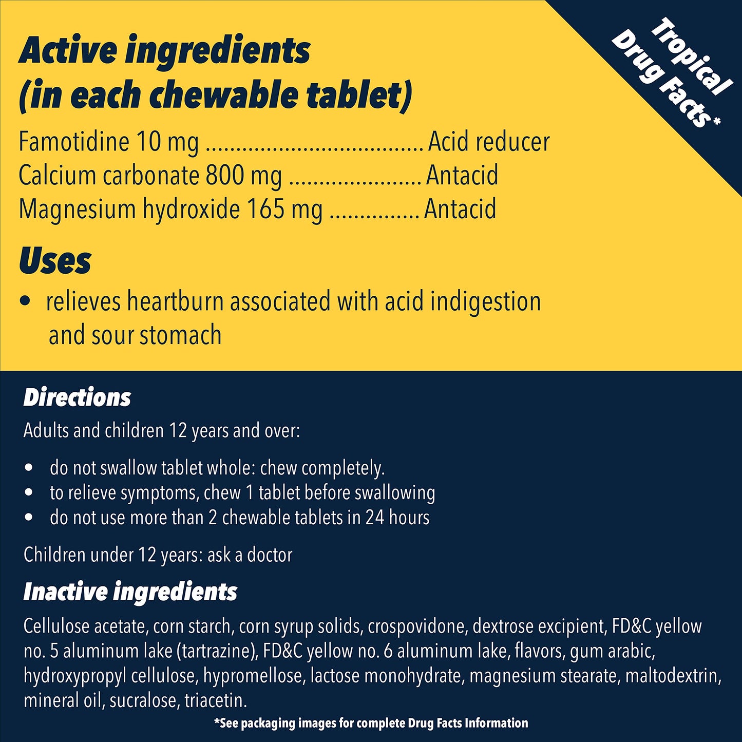 Pepcid Complete Acid Reducer + Antacid for Acid Reflux, 10mg Famotidine, 800mg Calcium Carbonate & 165mg Magnesium Hydroxide per Heartburn Tablet, Antacid Chews, Tropical Fruit, 50 ct