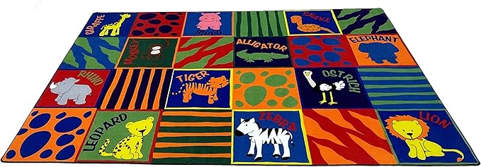 KIDCARPET.COM Animal Squares Nylon Area Rug, 7'6" x 12', Multicolored, Educational Classroom Rug, Kids Learning Play Mat | Area Rug for Bedroom or Playroom