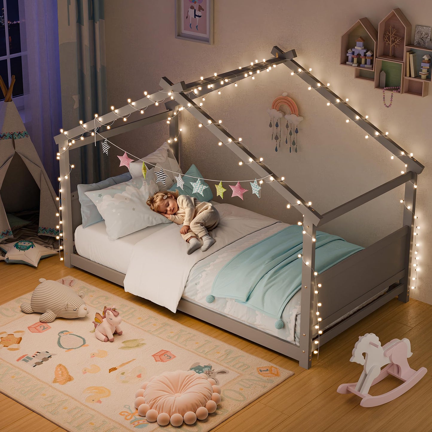 Redpick Twin House Bed, Montessori Floor Bed with Headboard & Footboard, Solid Wood Bed Frame for Toddlers Teens Bedroom, No Box Spring Needed, Grey