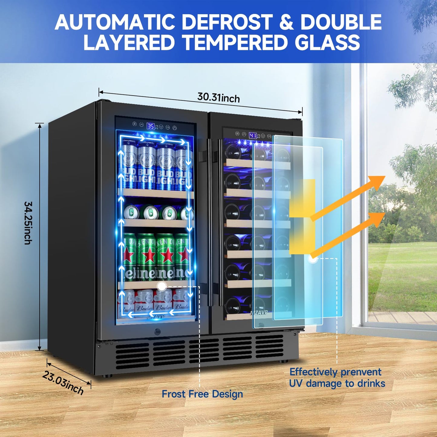 MZAVP 30 Inch Wine and Beverage Refrigerator, Dual Zone Wine Beverage Cooler, 30" Wine Cooler Under Counter or Freestanding Wine Beer Fridge with Upgraded Cooling, Holds 30 Bottles and 110 Cans, Black