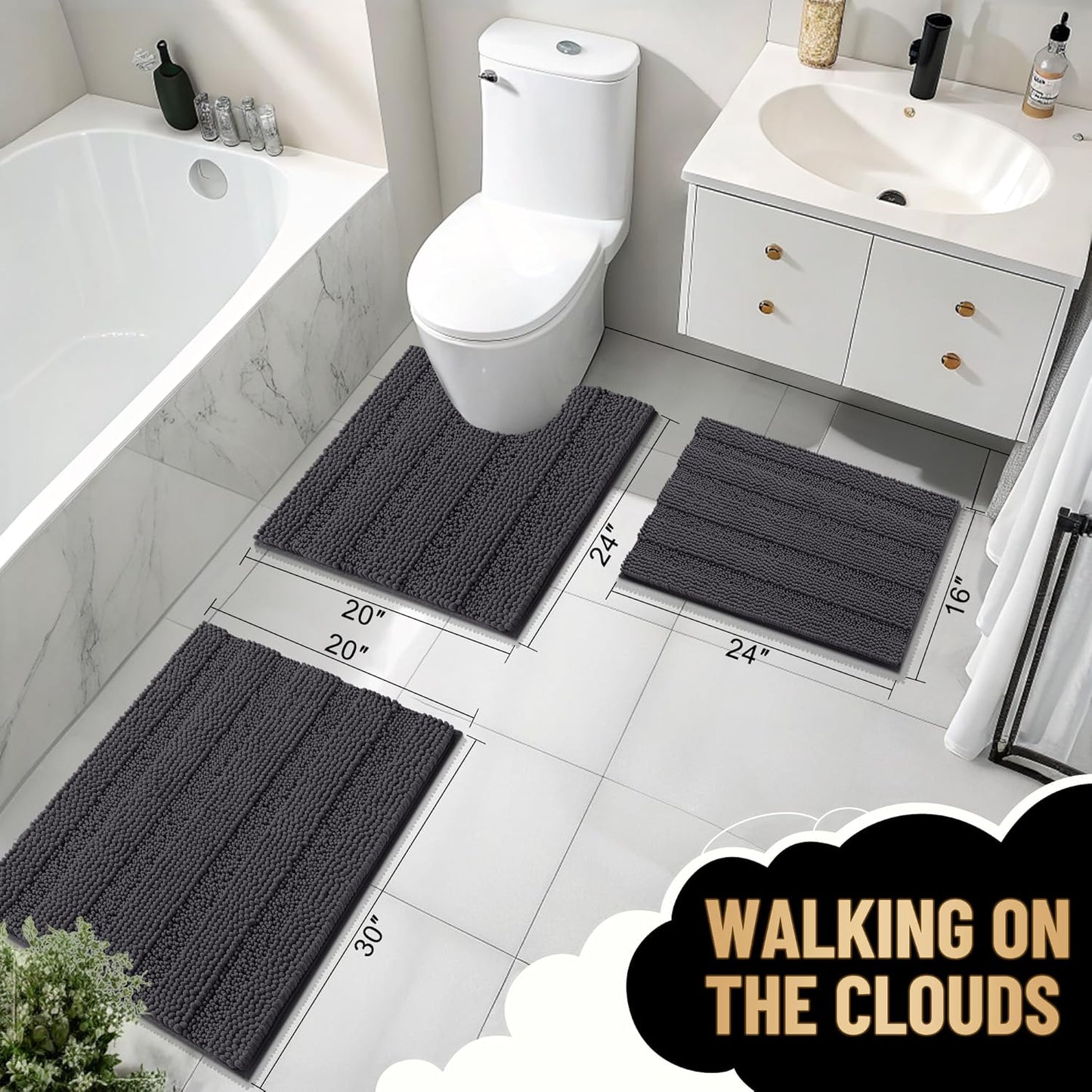 OLANLY Thick Bathroom Rugs 47x20, Extra Soft Absorbent Chenille Striped Bath Rugs, Rubber Backing, Machine Wash Dry, Bath Mats for Bathroom Floor, Tub and Shower, Home Decor Accessories, Dark Grey