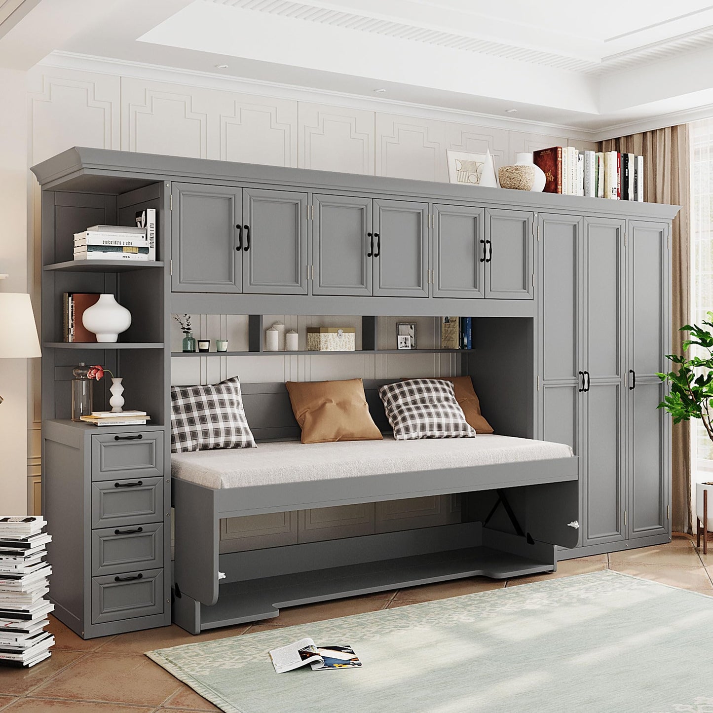 DNYN Murphy Bed with Top Cabinets and Wardrobe, Space-Saving Foldable Wall Bed Frame with Storage Drawers/Shelves/Desk for Bedroom Guest/Study Room, No Box Spring Needed