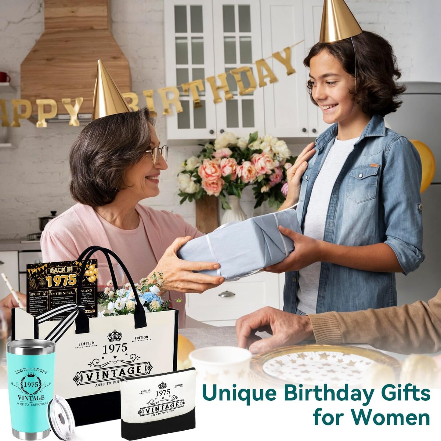TrophyToast 50th Birthday Gifts for Women Her- 4 pcs, Turning 50 Year Old Gifts, Decorations Canvas Beach Tote Bag & Makeup Bag, Unique Happy 50th Birthday gifts for Her Mom Wife Friends