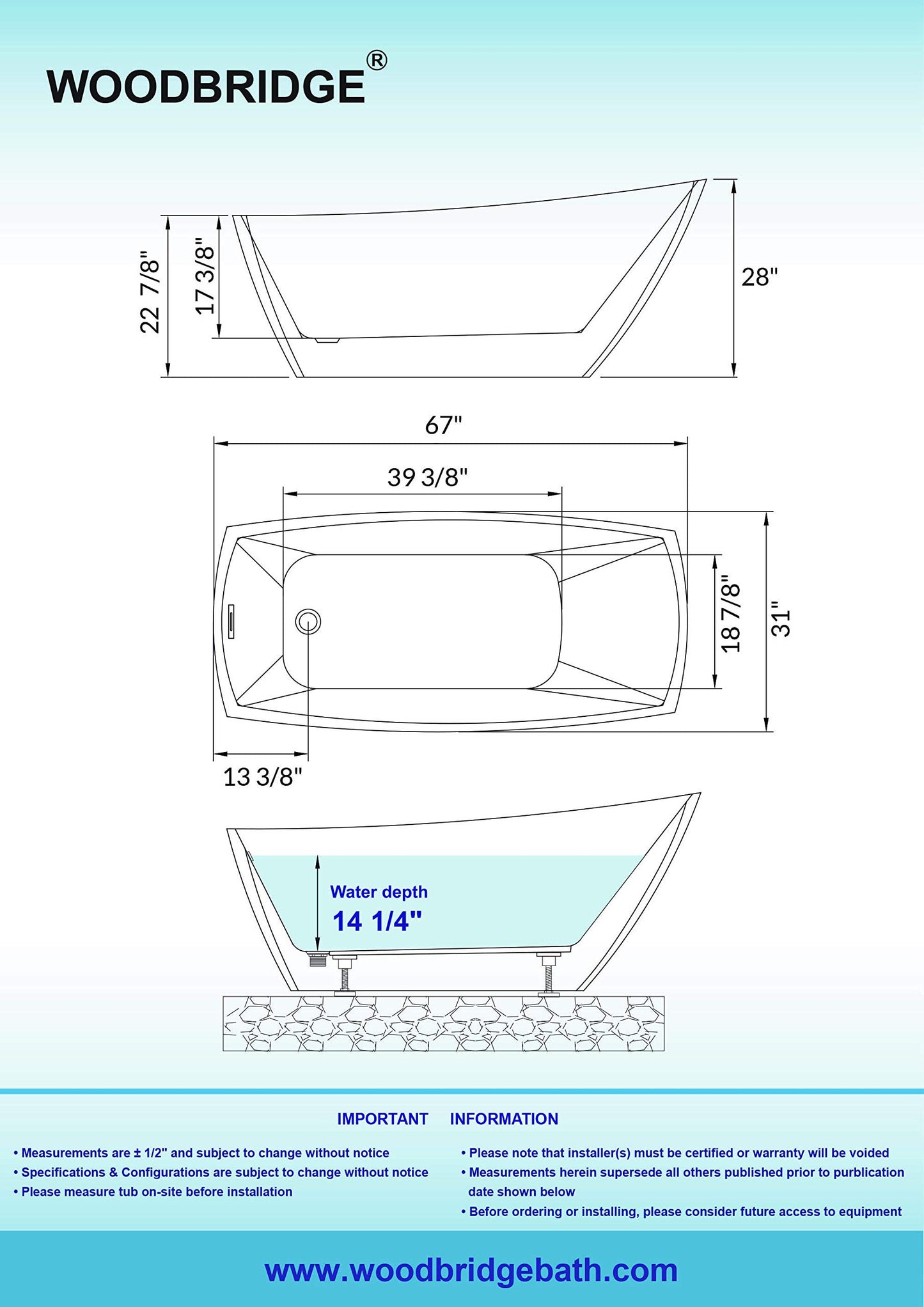 WOODBRIDGE 67" Acrylic Freestanding Bathtub Contemporary Soaking Tub with Brushed Gold Overflow and Drain,White