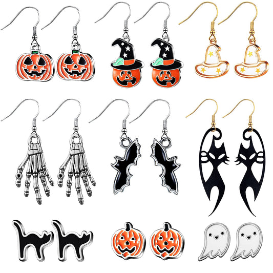 9 Pairs Halloween Stud Earrings Jewelry Drop Dangle Earrings Pumpkin Black Cat Stud Earrings for Women Halloween Party Dress(Cut