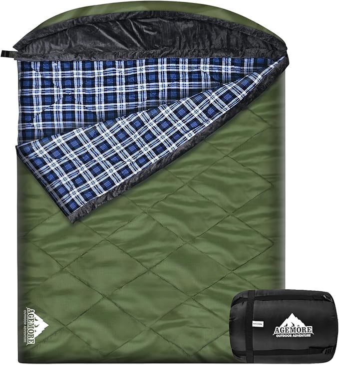 AGEMORE Cotton Flannel Double Sleeping Bag with Fleece Lined Hood, Waterproof Queen Size 2 Person Sleeping Bag for Adults ...