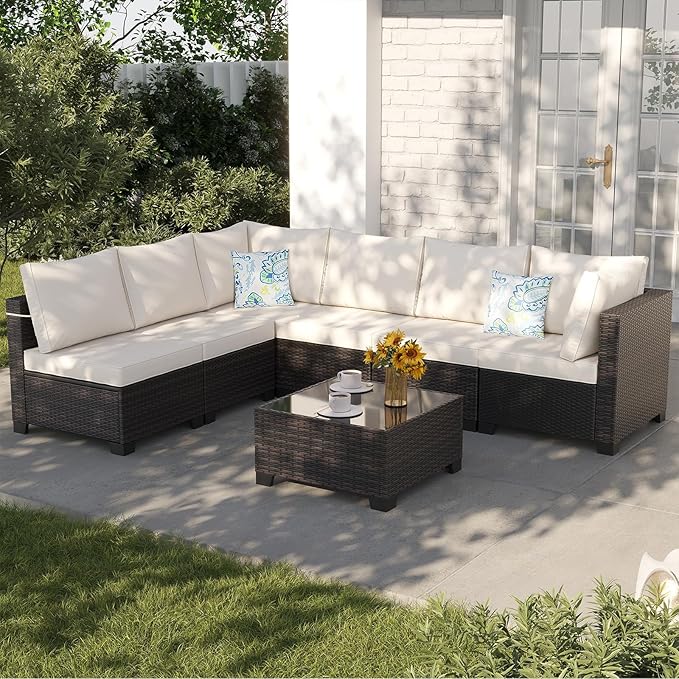 Ophelian 7 Pieces Outdoor Conversation Sectional Rattan Sofa, Patio Furniture Set, with Wicker and Cushions for Garden and Backyard, (Brown/Beige)