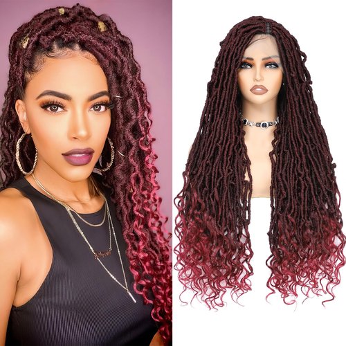 ROSEBONY 36" Full Lace Goddess Faux Locs Wig for Black Women Premium Hand-Braided Japanese Synthetic Fiber Wigs with Baby Hair Glueless Design Goddess Inspired Style Wigs with Curly Ends
