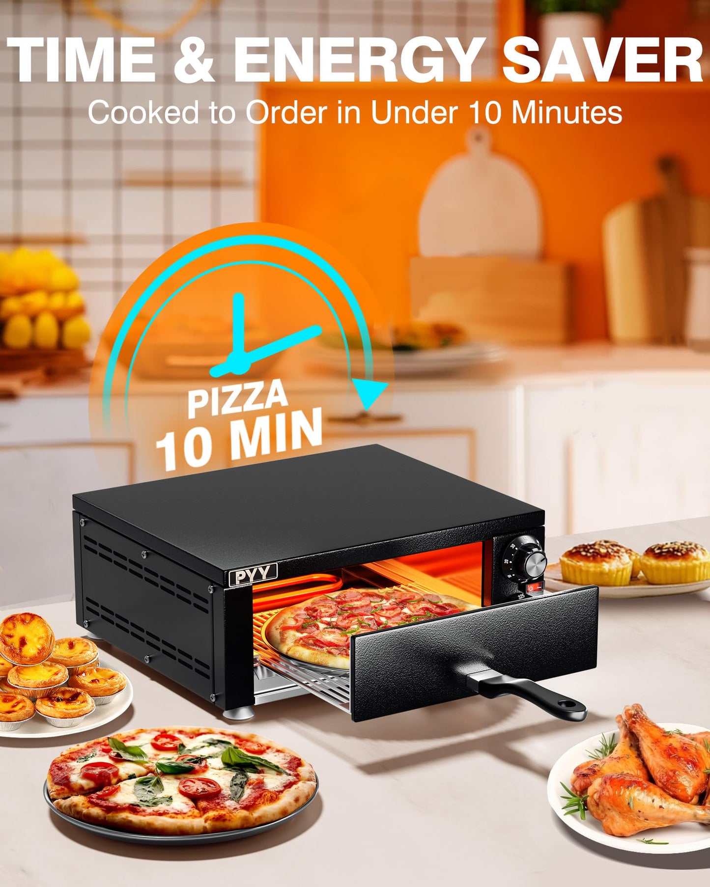 PYY Electric Pizza Oven Indoor Countertop Pizza Oven Commercial Pizza Maker Machine for Home with Timer Stainless Steel Pizza Cooker,Matte Black