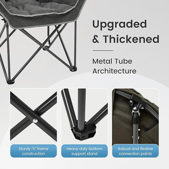 OUTDOOR LIVING SUNTIME Oversized Padded Comfy Camping Chair with Removable Footrest，Weight Capacity 400 LBS, Heavy Duty Moon Round Leisure Folding Chair for Camping, Hiking, Carry Bag, Gray