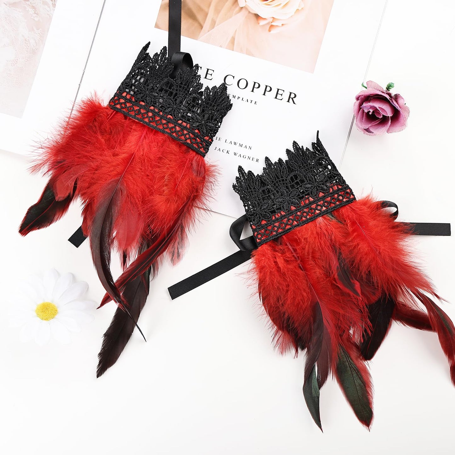MAOFENG Women's Gothic Lace Feather Gloves Feather Arm Sleeve Wristband Mesh Cuff Cosplay Wedding Halloween Party Costume Accessories,Red