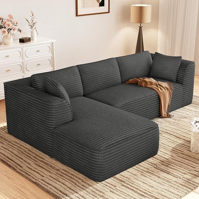 Vesgantti 106" Boneless Couches for Living Room, Deep Seat Cloud Sofa Sectional with Chaise, Corduroy Memory Foam Modular Couch Set, No Assembly Required (Dark Grey, Left-Facing Chaise)
