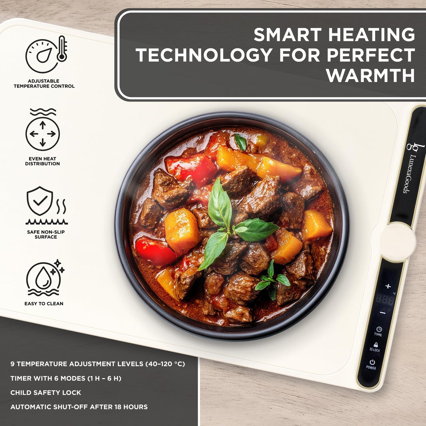 LunexaGoods Food Warming Mat, 9-Temperature Electric Heating Tray with Timer & Safety Lock, Silicone Roll-Up Buffet Warmer for Countertop, Parties, Home & Travel (Dark Grey)