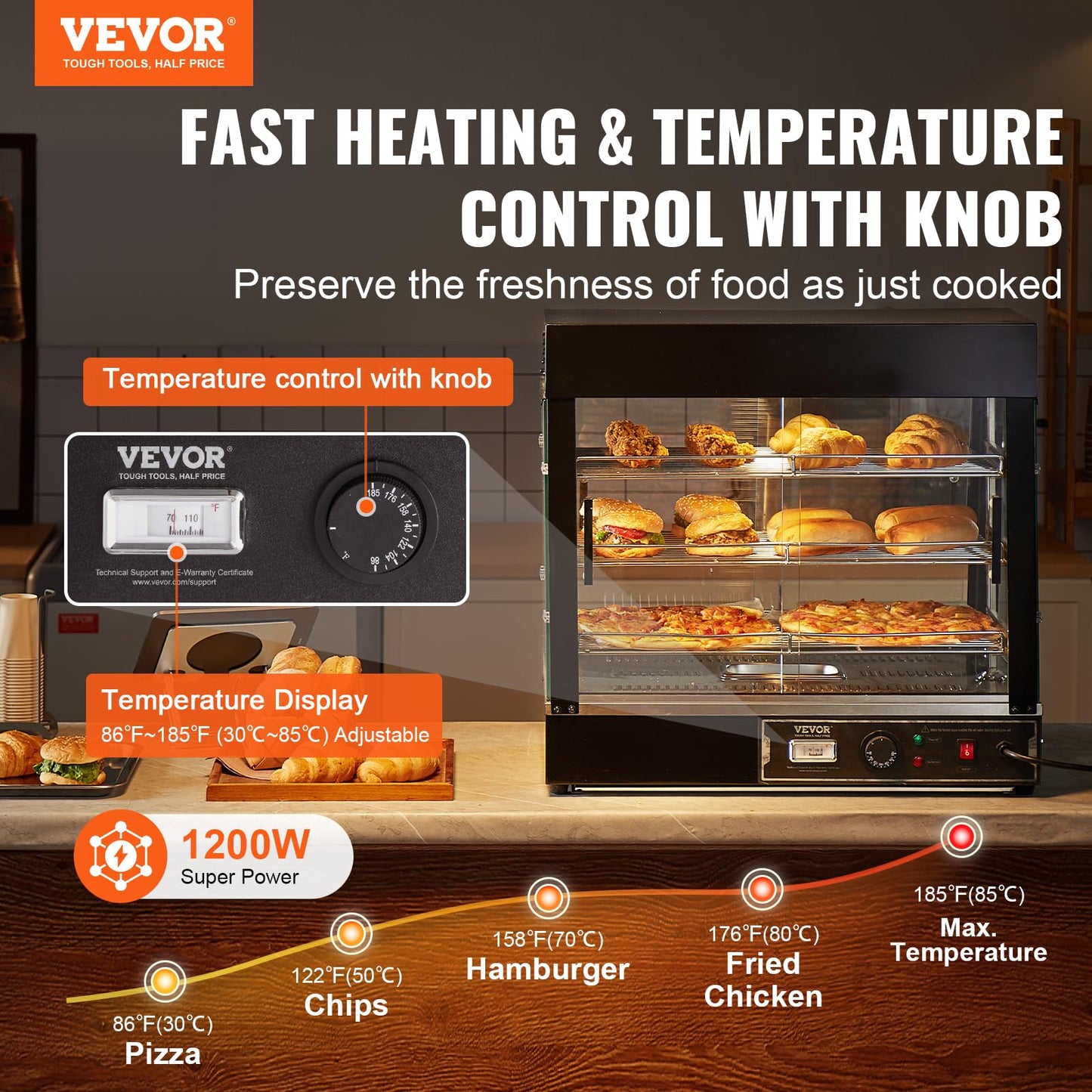 VEVOR 3-Tier Commercial Food Warmer Display, 1200W Food Display Warmer with Light, Adjustable Shelf and Temperature Display, 86℉~185℉ Steam Heating, 111L for Hamburger, Pizza, Bread, Fried Chicken