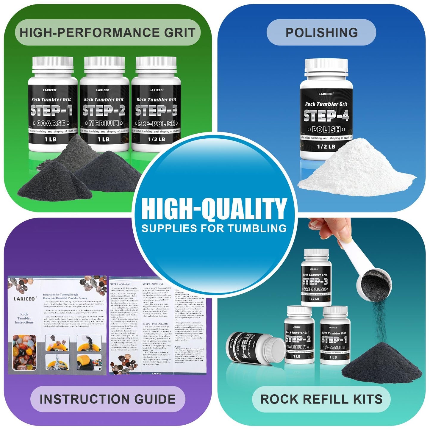 3LB Rock Tumbler Grit and Polish Refill Set, 4-Step Professional Polish Rock Tumbler Grit to Unlock Stunning Polished Stones. Ideal for National Geographic, KomeStone, and Other Polishers and Tumblers