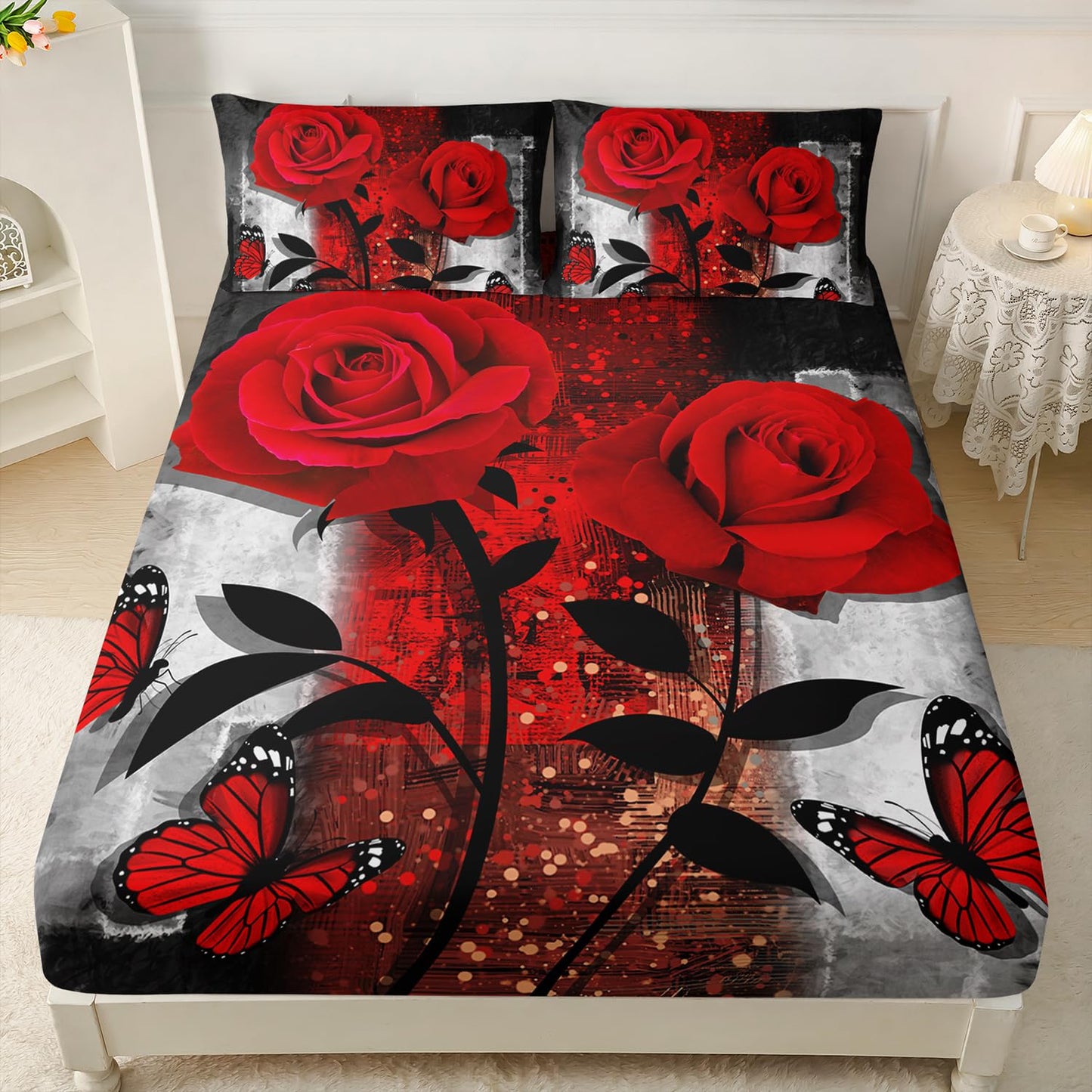 AILONEN Red Rose Fitted Sheet Set Queen Size, Grey Retro Couple Rose Bed Sheet Set,Romantic Floral Butterfly Sheet Set 3 Pieces, 1 Fitted Sheet and 2 Pillowcases