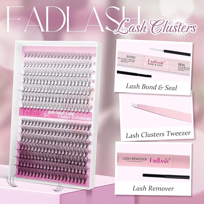 FADLASH Lash Clusters Kit 8-16mm Eyelash Cluster Lashes with Lash Bond and Seal Lash Remover Lash Tweezers DIY Lash Extension Kit (10D+20D-07C-8-16 Kit)