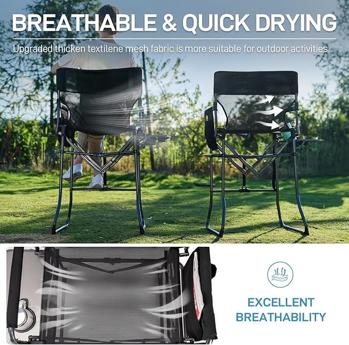 EVER ADVANCED Tall Textilene Camping Chair Mesh Directors Chair High Foldable Bar Stool with Side Table for Makeup Artist, Sports Event, Craft Show, Supports 350LBS Black
