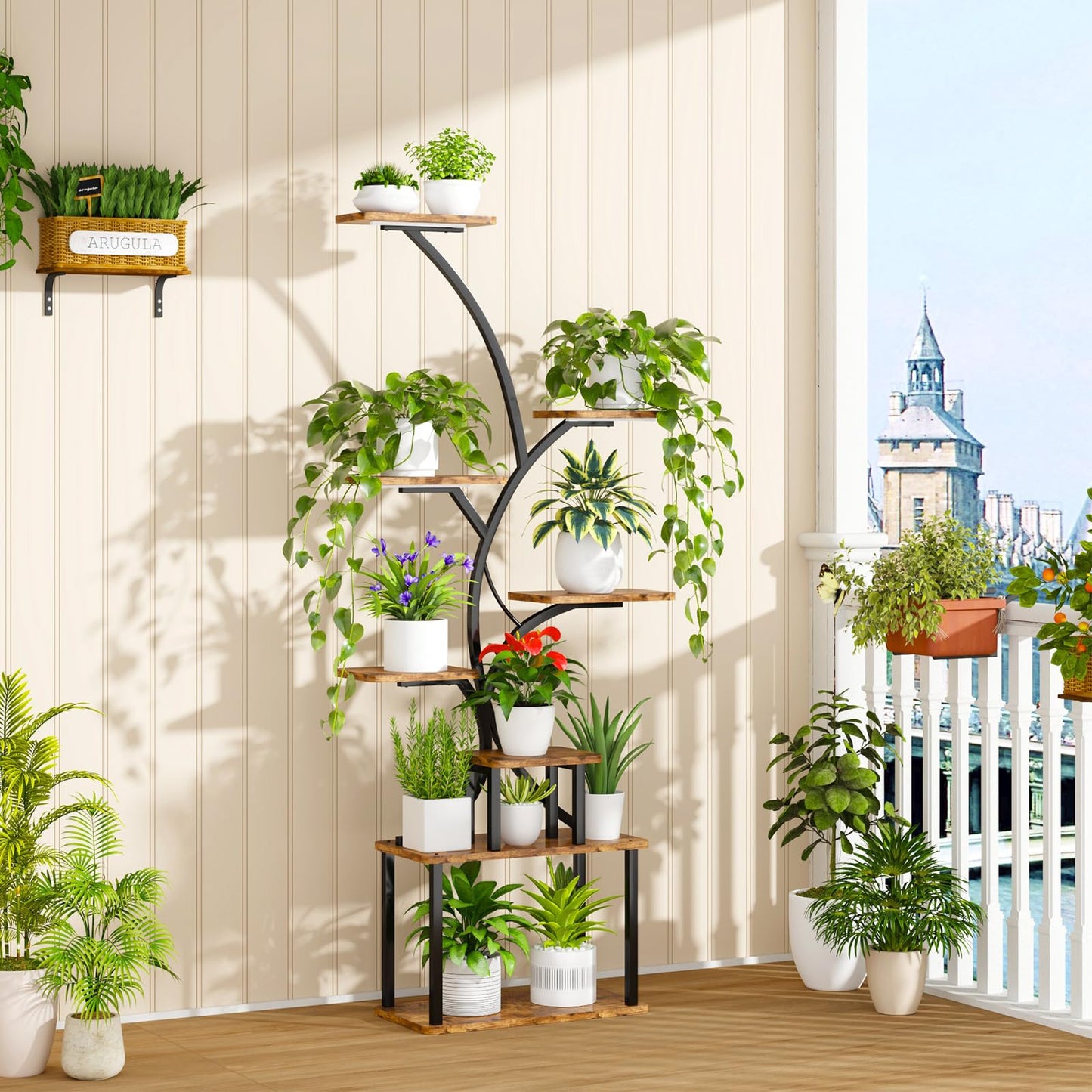 CYXPHION C3 Plant Stand Indoor with Grow Lights, 8 Tiered 62.2" Tall Plant Stand, Corner Large Metal & Wood Plant Shelf, S-Shaped Plant Display Shelves for Living Room, Patio, Outdoor