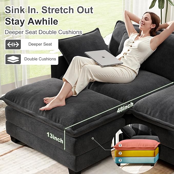 146" Cloud Couch Sectional, U Shaped Modular Sectional Sofa, 4-Seat Deep Seat Couch with 6 Removable Washable Pillows and 2 Ottoman for Living Room, Bedroom, Apartment, Black