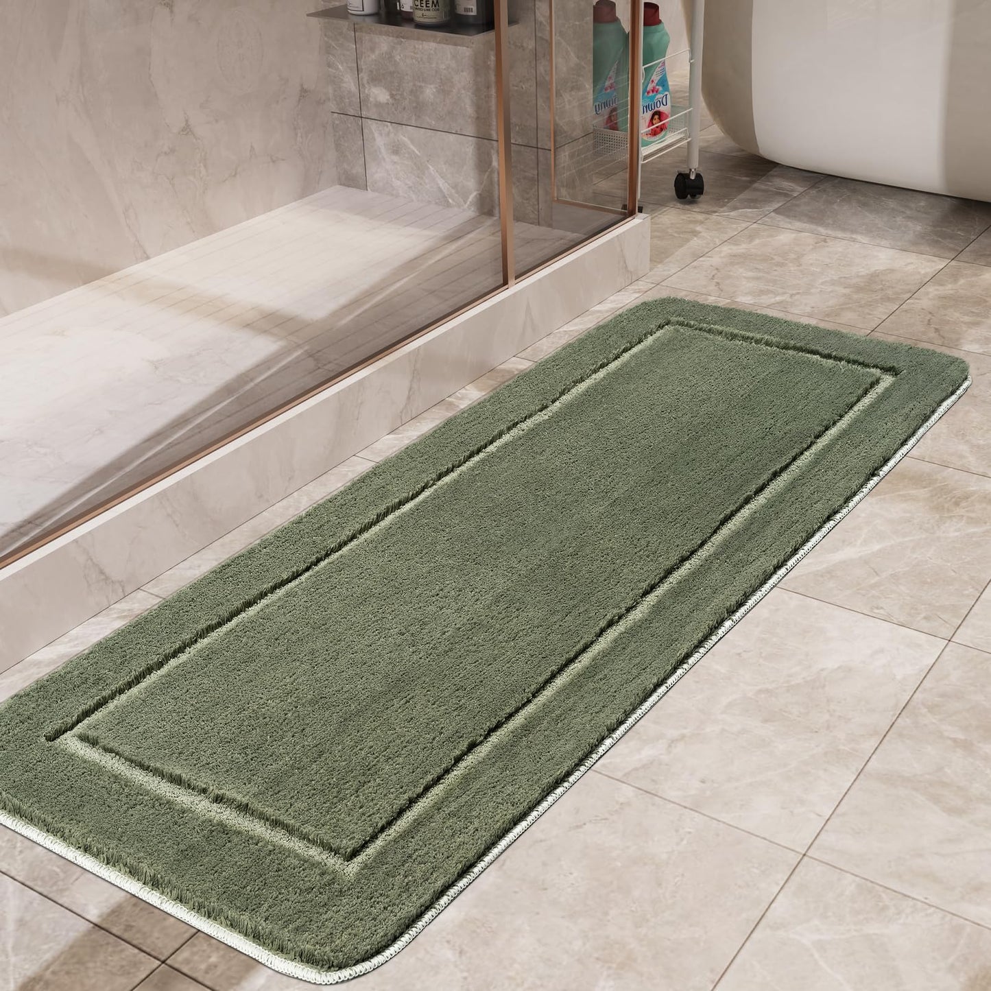 HOMORE Long Bathroom Runner Rugs 24x60 Inch, Absorbent Non Slip Washable Bathroom Rug, Luminous and Luxury Plush Bath Rugs Mats for Shower Floor, Sage Green