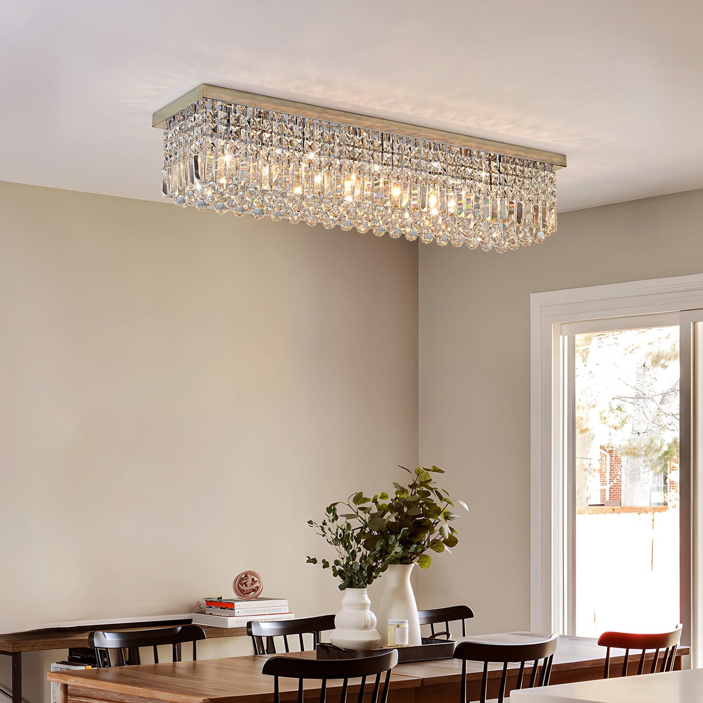 Tinkoso Crystal Chandelier for Dining Room 39.3" Modern Gold K9 Crystal Rectangle Chandeliers Flush Mount Pendant Light Fixture Kitchen Island Bar Dining Room Bedroom Bathroom Hotel
