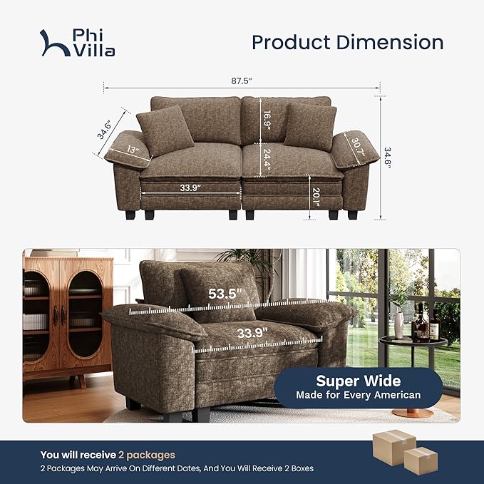 PHI VILLA Indoor Modular Couches Sets, 87.5" Sectional Loveseat Sofa with Upholstered Deep Seat, 2-Seater Comfy Couches for Living Room Bedroom, Chenille Fabric, Taupe