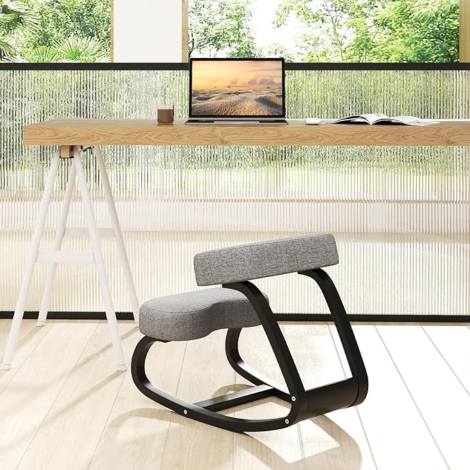 Goplus Ergonomic Kneeling Chair, Rocking Upright Posture Chair with Soft Seat & Knee Pads, Wooden Backless Knee Chair Relieves Neck Back Pain for Home Office Study, Gray and Black