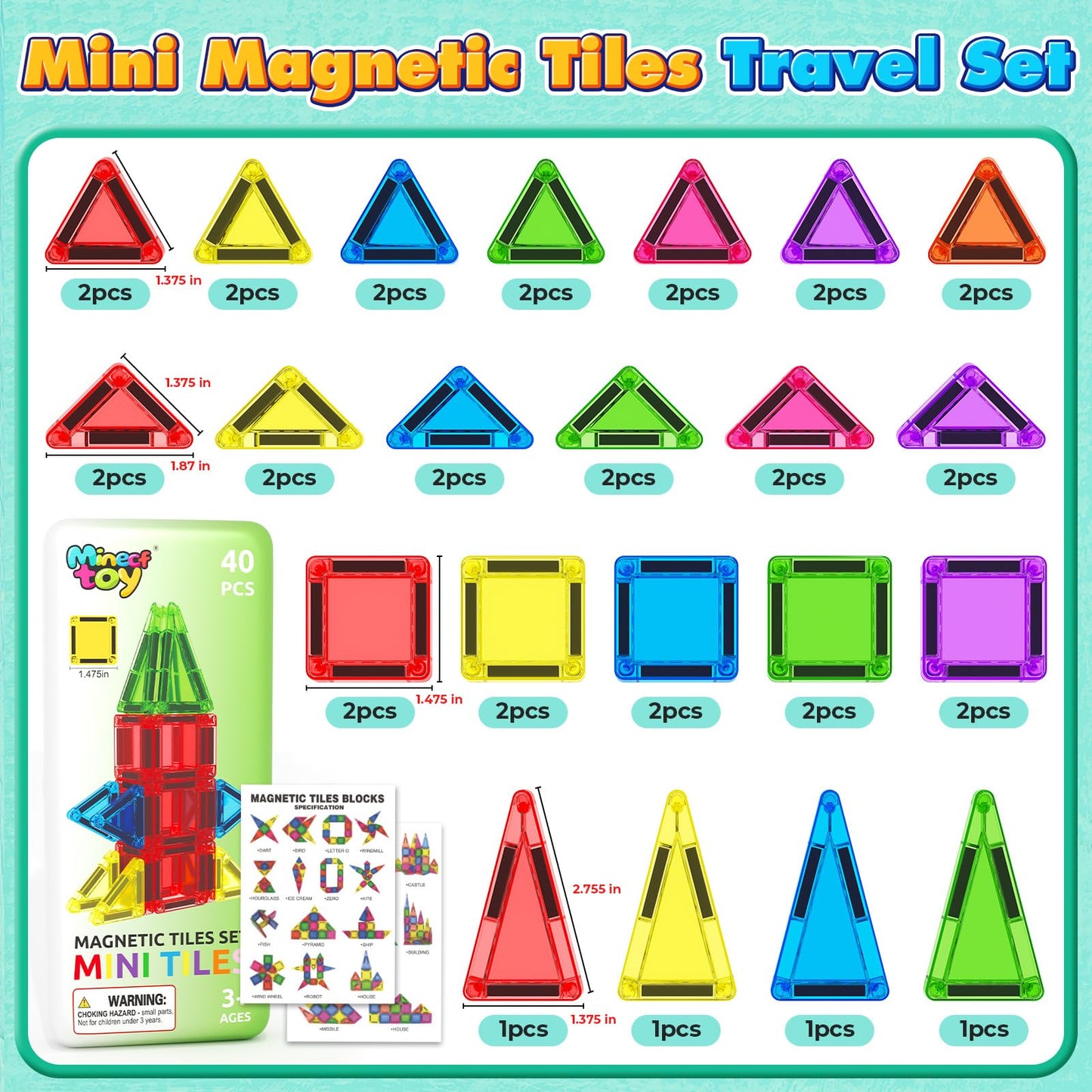 Mini Magnetic Tiles Toddler Travel Essentials Toys with Case Set, Magnetic Building Blocks Kids Games, Montessori Preschool Education Sensory Toys for 3 4 5 Year Old Boys Girls Birthday Gifts