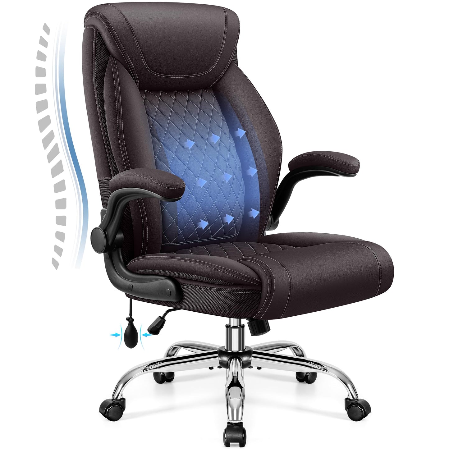 Office Chair, Big and Tall Ergonomic Desk Chair, Executive Leather Computer Chair with Adjustable Lumbar Support, Comfy Gaming Chair with Flip Up Arms, Swivel PC Chair with Rocking Function, Coffee