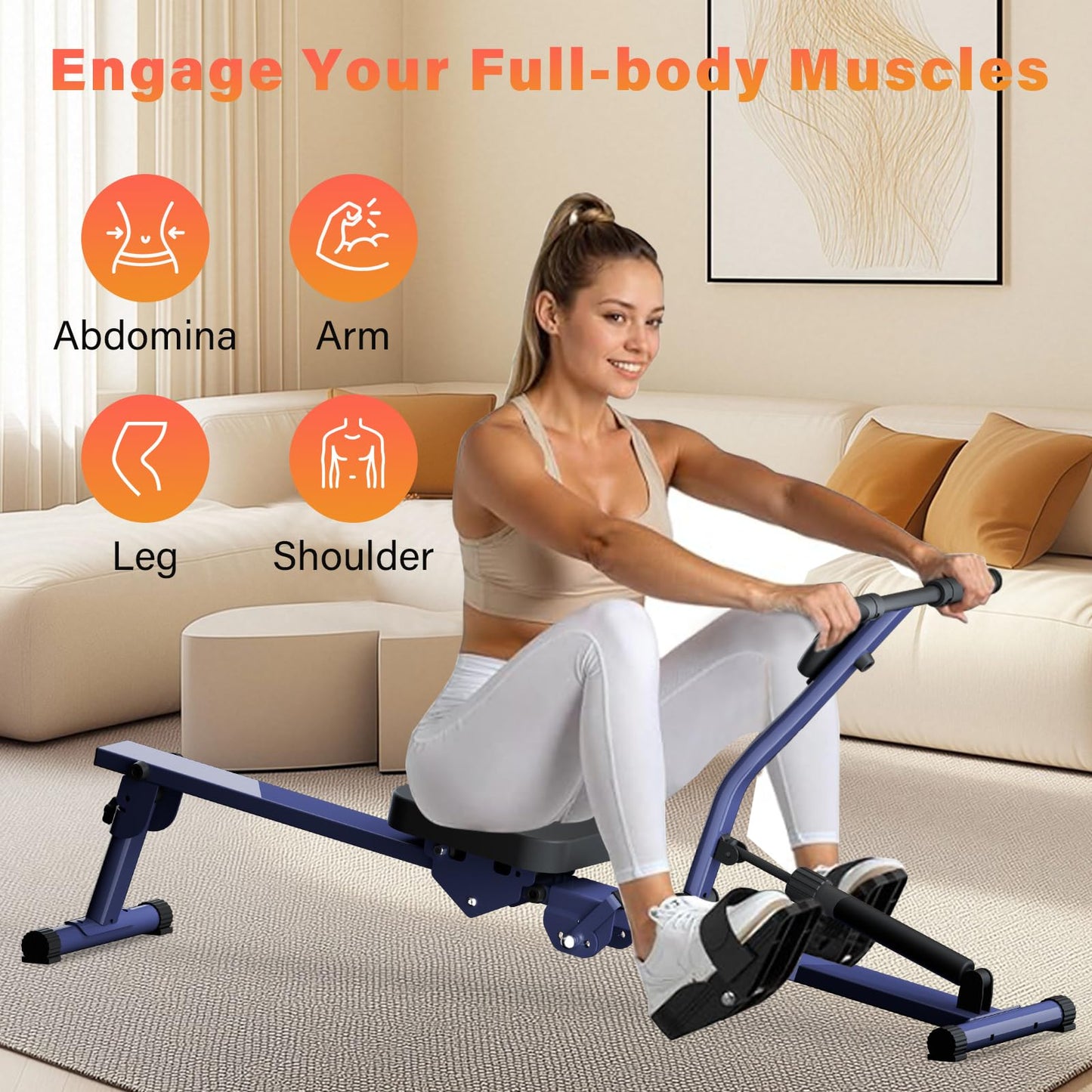 Rowing Machines for Home, Hydraulic Rower Compact Foldable, 300LBS Weight Capacity with 12 Levels Adjustable Resistance for Full-Body Cardio Workouts