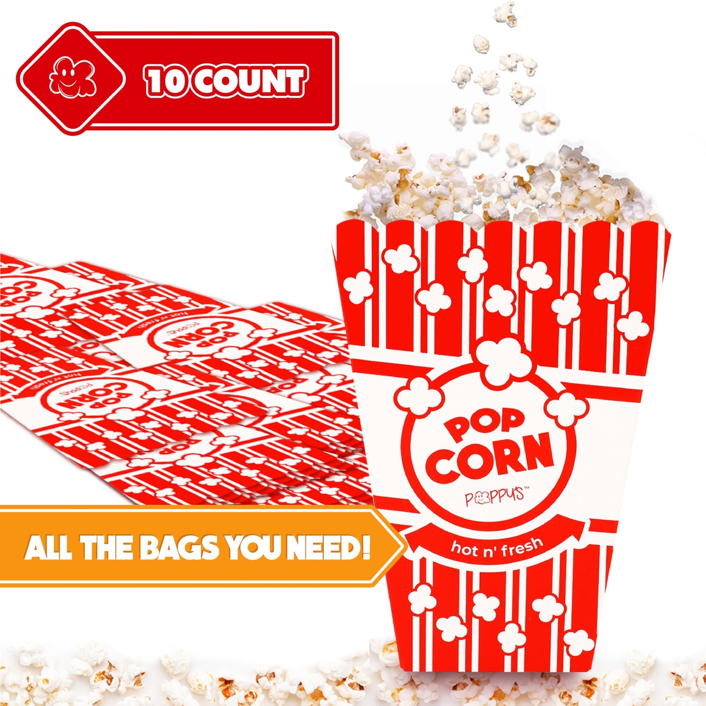 Poppy's Large Popcorn Boxes – 10 Pack 46 Oz Concession-Grade Popcorn Buckets, Popcorn Machine Accessories for Popcorn Bars, Movie Nights, Concessions