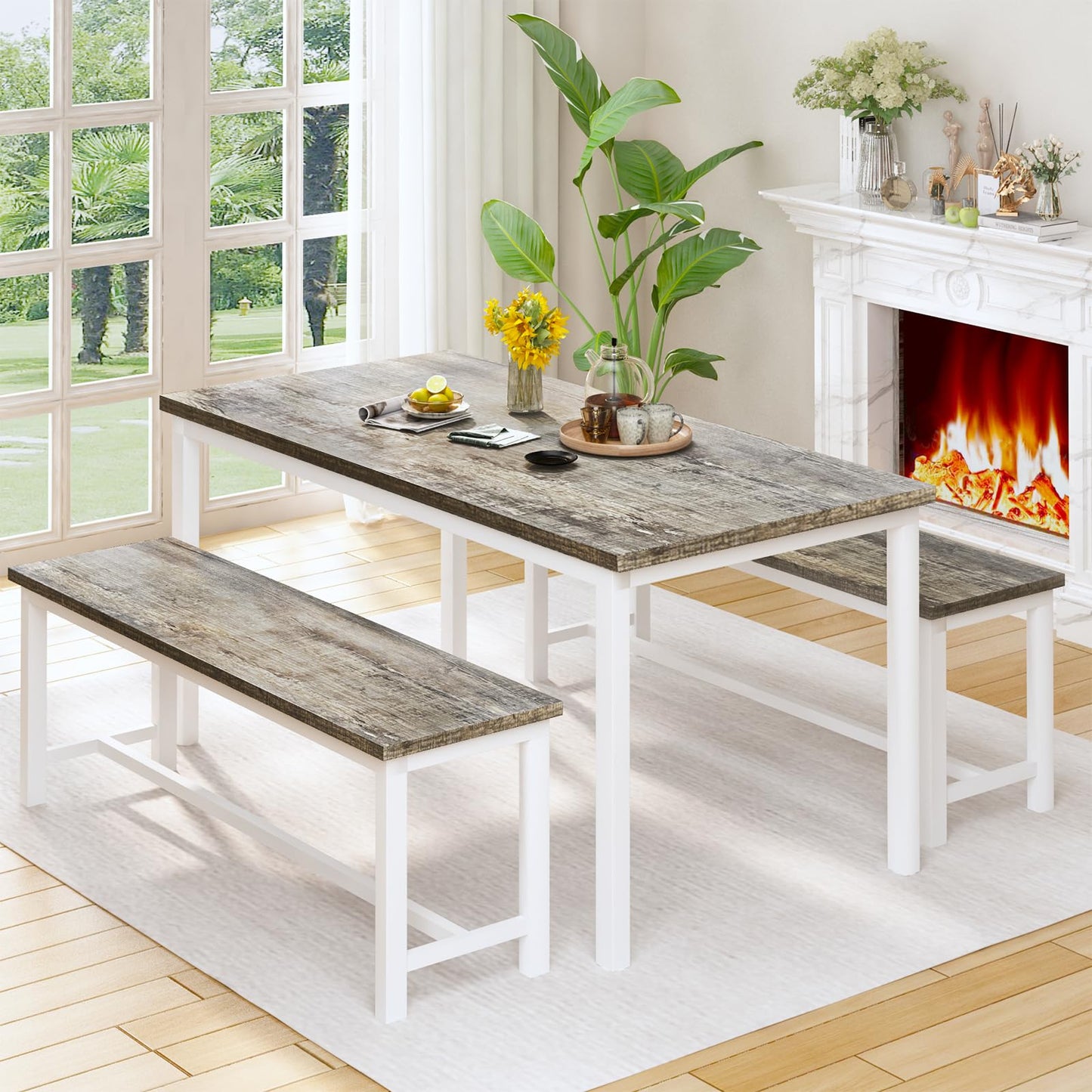 LinkRomat Dining Room Table Set with 2 Benches Dining Table Set for 4, Farmhouse Breakfast Table Set for Small Spaces, Apartment (Grey & White)