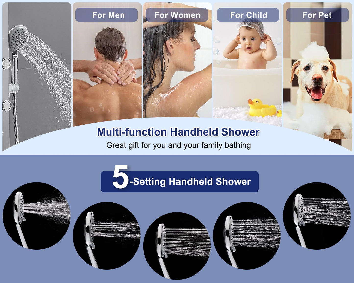 ROVATE Shower Panel Tower System 304 Stainless Steel, Shower Panel System with Adjustable Rainfall Shower Head, 6 Body Massage Jets and 5 Functions Handheld, Brushed Surface