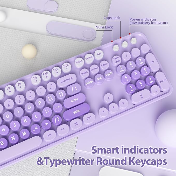 Wireless Keyboard and Mouse Set, Retro Typewriter Keyboards, 2.4GHz Full Size 104-Key Cute Keyboard with Number Pad, Colorful Keyboard with Round Keycaps for Windows PC Laptop(Purple)