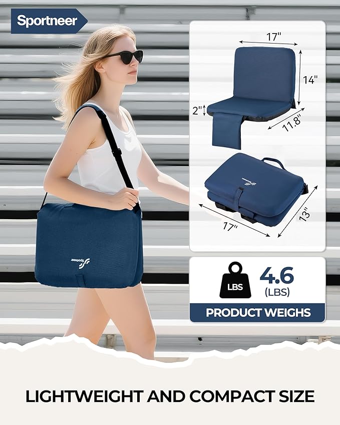Sportneer Stadium Seats with Back Support: 6 Reclining Position Folding Bleacher Chairs with Back and Cushion - Padded Bleacher Seats with Shoulder Strap & Storage pocket for Events, Outdoors, Camping