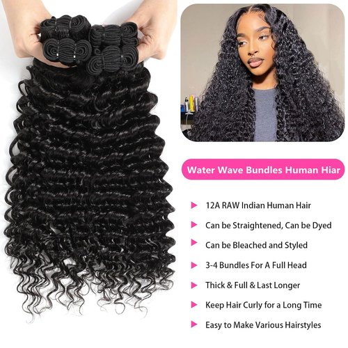 Ladiaryf Water Wave Bundles Human Hair Soft Brazilian Virgin Human Hair 100% Unprocessed Wet and Wavy Curly Bundles Natural Black Color Can Be Dyed Total 300g 14 16 18 Inch