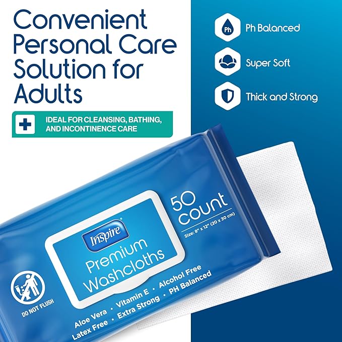 Inspire Adult Wet Wipes, Wash Cloths | Adult Wipes for Incontinence & Cleansing for Elderly, 8"x12" (200 count)