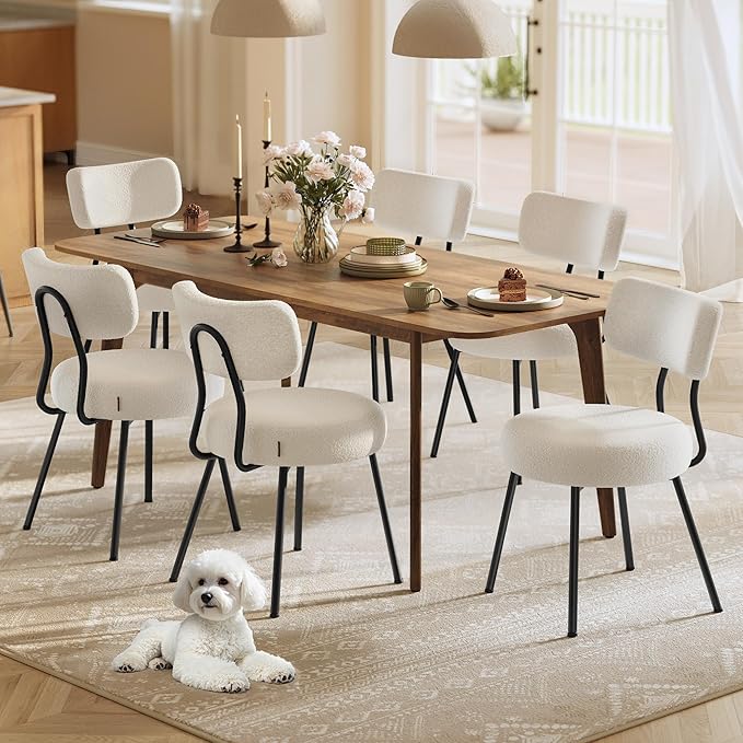 VASAGLE Boucle Dining Chairs Set of 6, Upholstered Kitchen Dining Room Chairs with Curved Backrest and Steel Frame, Modern Mid Century, Round, for Vanity, Living Room, Cream White UKDC110W16