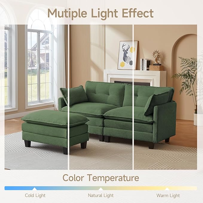 Amsleekey Modular Sectional Sofa, 76.5" L-Shaped Corduroy Comfy Sectional Couches for Living Room, 2-Seater Cloud Couches with 1 Movable Ottoman, Flexible Combination Modern Deep Seat Sofa (Green)