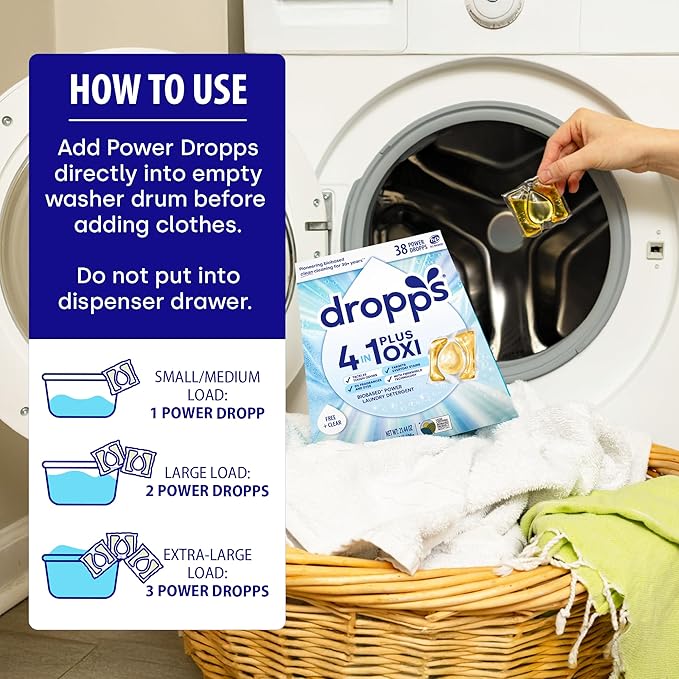 Dropps 4-in-1 Plus Oxi Free & Clear Power Biobased Laundry Detergent Pods, Unscented (76 Pods) - Chlorine-Free Bleach Alternative Biobased Laundry Whitener, Stain & Odor Remover