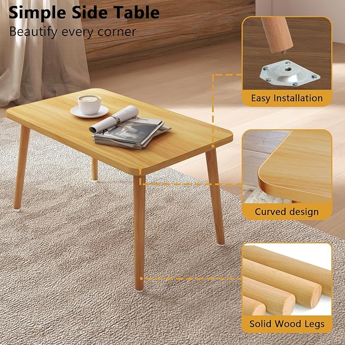 Funecy Square Coffee Table Low Table with 4 Solid Wood Sturdy Legs, Floor Table Desk for Sitting on The Floor, Storage and Living Room Furniture (Natural)