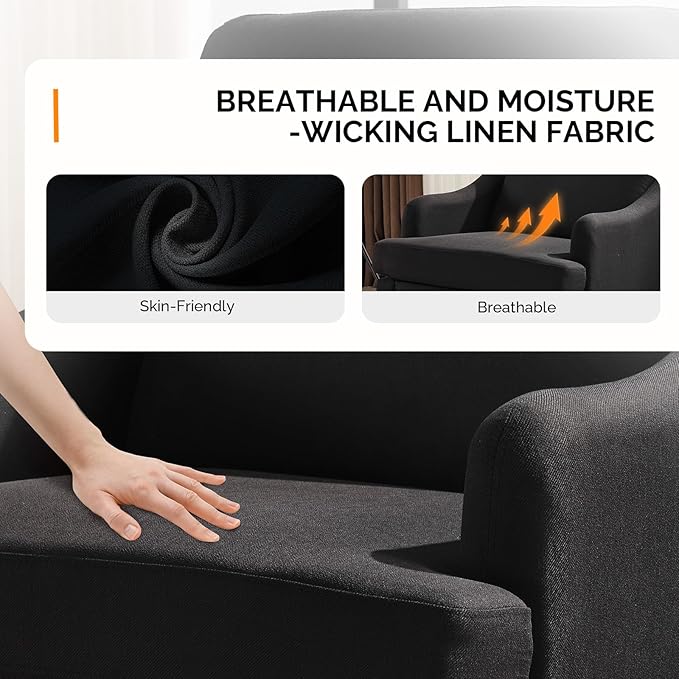 VINGLI Linen Fabric Accent Chairs Set of 2, Black Modern Upholstered Armchair, Comfy Sofa Chair Living Room Bedroom Furniture for Apartment