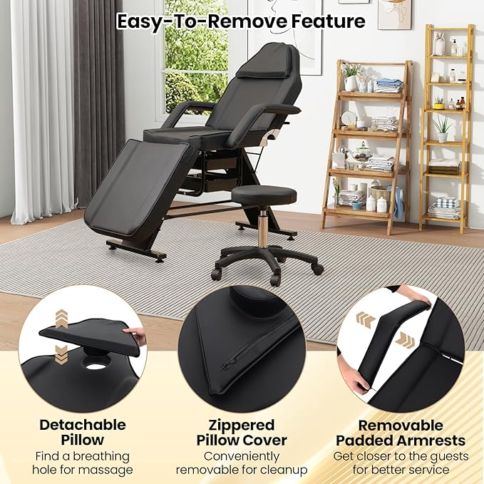 Giantex 72" Massage Bed with Hydraulic Stool, 3-Section Tattoo Chair with Adjustable Backrest, Legrest & Storage Boxes, Facial Chair for Professional Massage Lash Beauty Treatment Spa (Black)