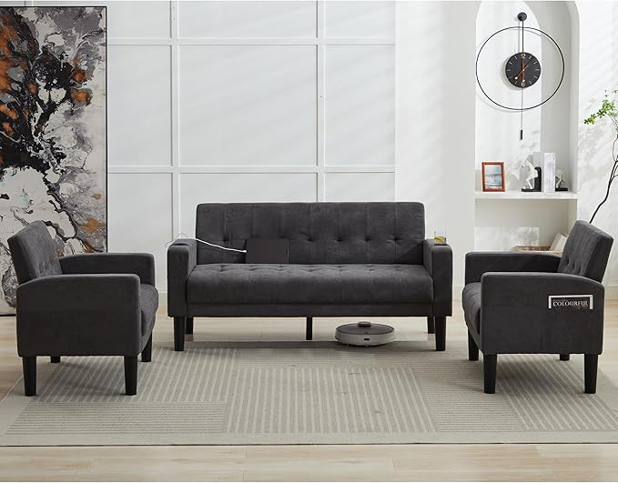 TYBOATLE Sofa Couch, Living Room Furniture Sectional Sofa Sets of 3 Pcs, Tufted Mid-Century Loveseat w/USB, Cupholders & Comfy Single Sofa for Small Space, Apartment, Office (Dark Grey)