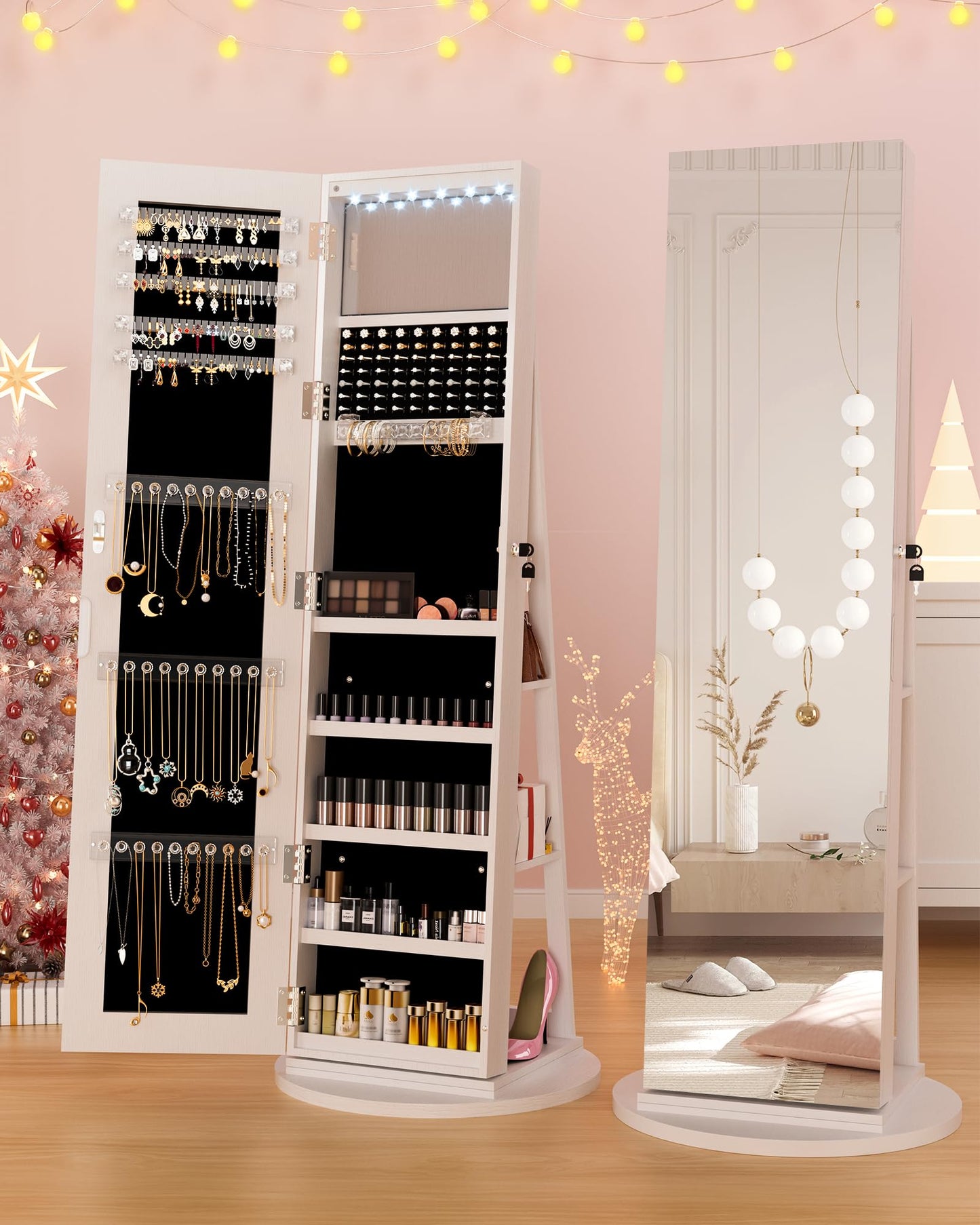 FAVSH 6 LEDs Jewelry Armoire with Frameless Full-Length Mirror, 360° Swivel Jewelry Cabinet Standing with 3 Back Shelves, Jewelry Organizer with Storage Lockable for Women Gift, White