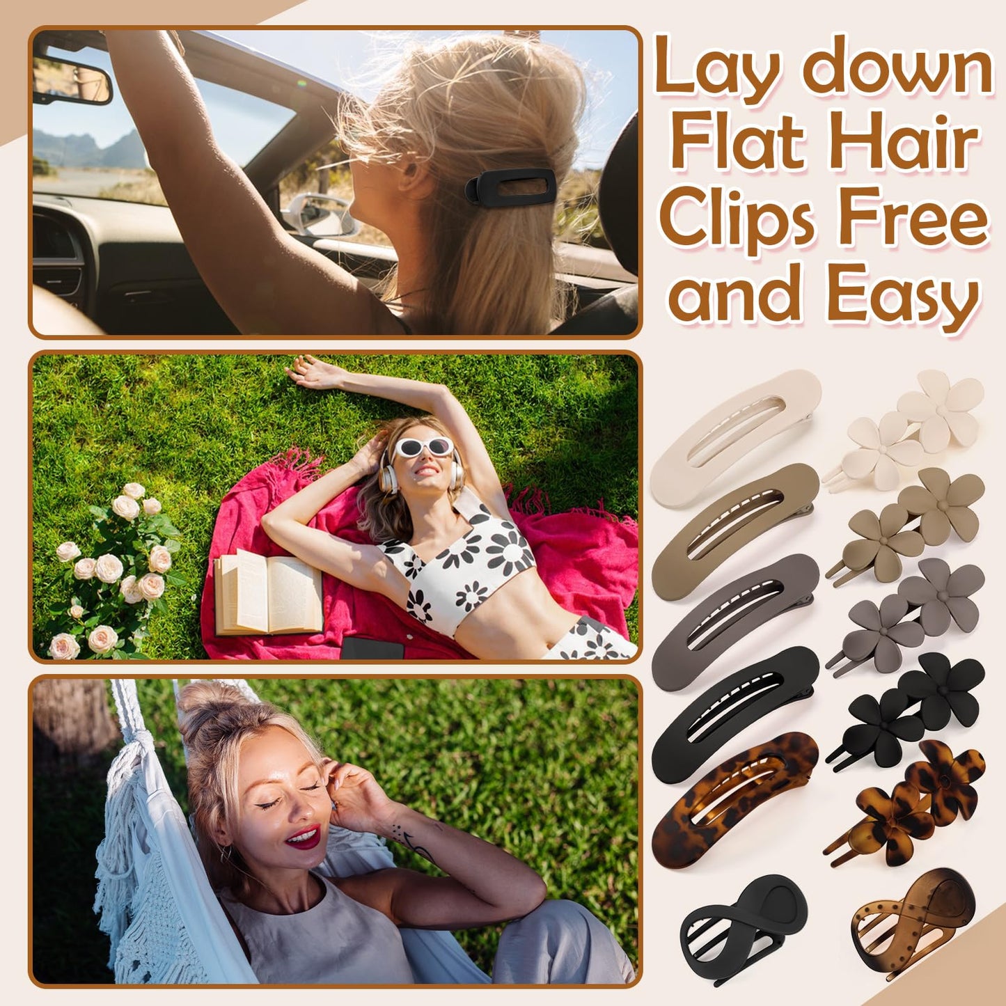 12 Pcs Flat Hair Clips for Women, Lay Flat Claw Clips French Concord Hair Clips, 3 Styles No Slip Matte Claw Clips for Thin Thic