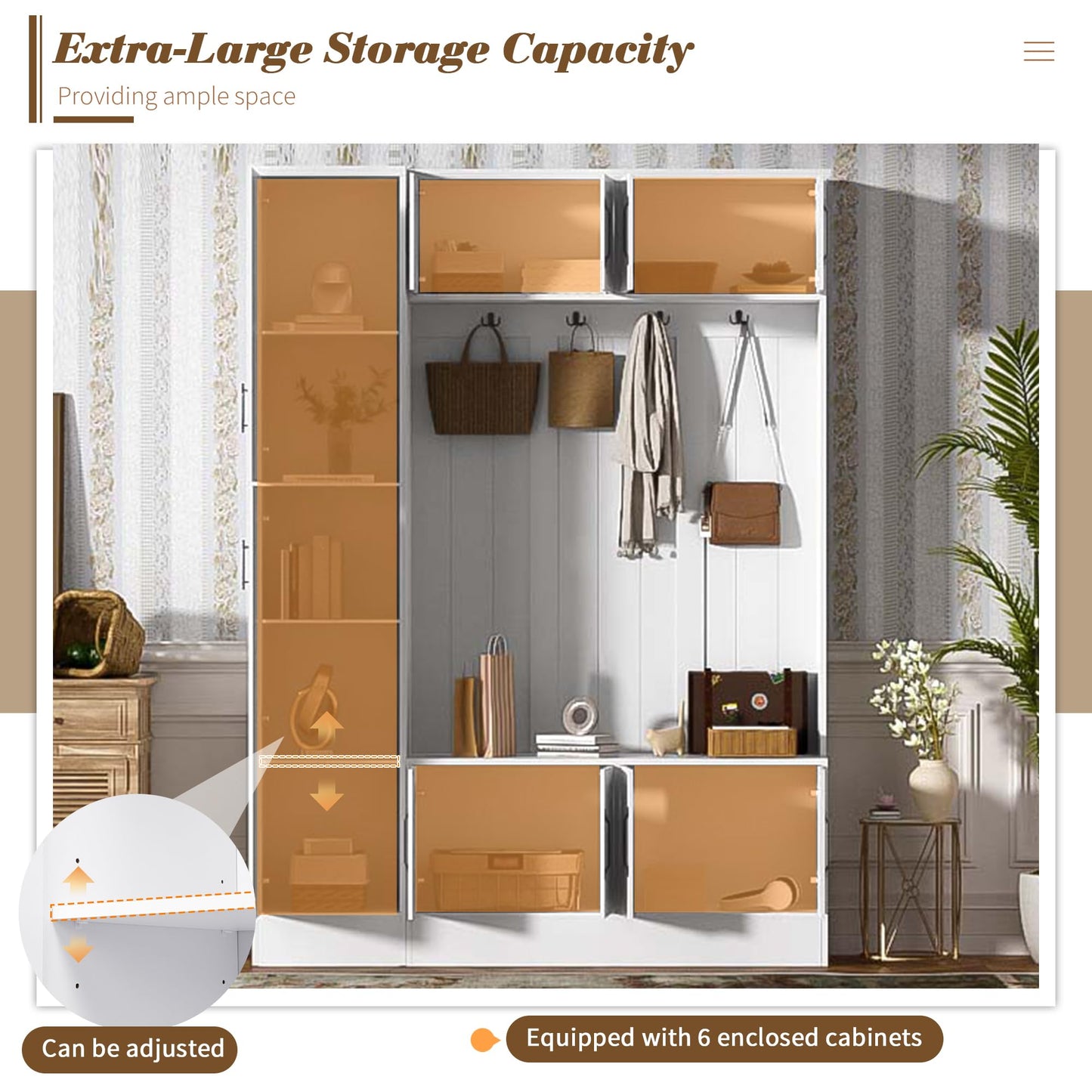 Amposei 79’’ Tall Hall Tree with Storage Bench & Coat Rack Modern Entryway Organizer Cabinet with Doors, Hooks & Adjustable Shelf for Hallway Living Room Furniture, White