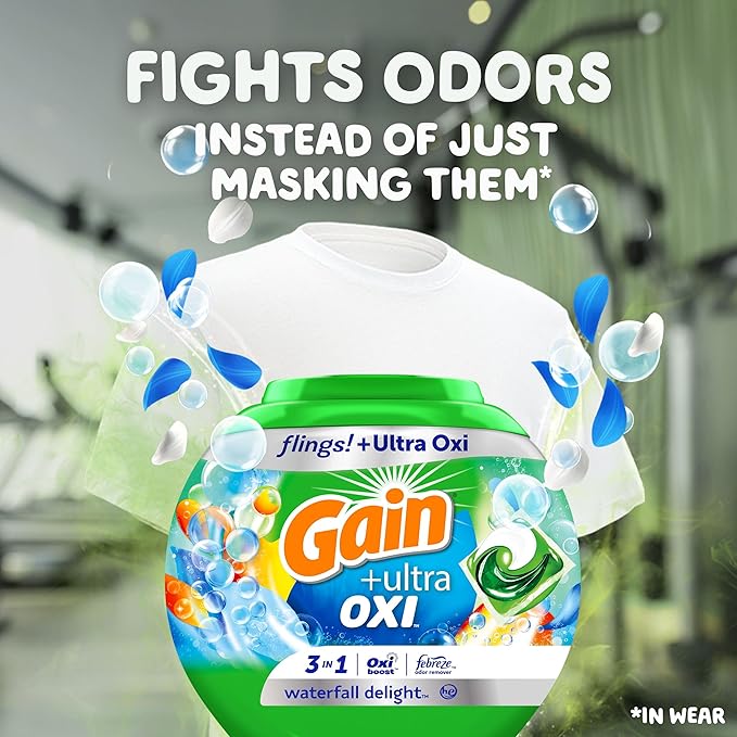 Gain Flings Ultra Oxi Laundry Detergent Pacs, 76 Count, Waterfall Delight Scent, 3-in-1, HE Compatible